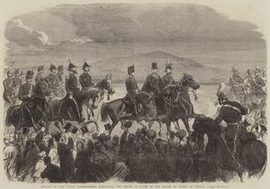 Åpning av Dublin International Exhibition, Prince of Wales ved Review of Troops i Phoenix Park (gravering) av English School
