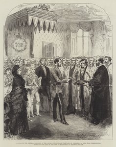 Åpning av generalforsamlingen til Church of Scotland, jarlen av Aberdeen, som Lord High Commissioner, mottok nøklene til byen Edinburgh ved Holyrood Palace (gravering) av English School