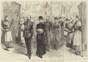 Åpning av den internasjonale fiskeriutstillingen, den kongelige prosesjonen i bygningen (gravering) av English School