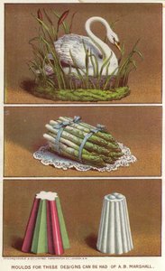 Prydformer for å lage ismat i form av en svane og en bunt asparges (chromolitho) av English School