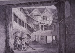 Ostler tilstede hest på gårdsplassen til New Inn, Gloucester (tregravering) av English School