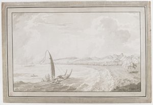 Otahete som viser en utsikt ut av Back of Point Venus mot Pithas Long House. av English School