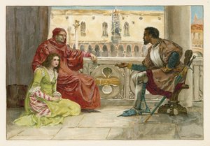 Othello snakker med Desdemona og faren hennes av English School