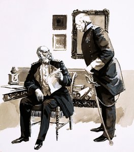Otto Von Bismarck overtalte kong William til ikke å trekke seg (gouache på papir) av English School