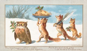 Ugle og rever som bærer julefest, julekort av English School