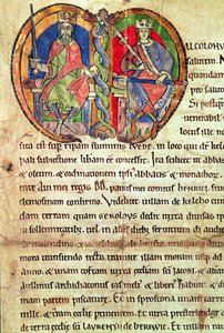 Side fra Charter of Kelso Abbey med en opplyst initial som viser kong David I (1084-1153) og hans barnebarn Malcolm IV (1141-65) 1159 (vellum) av English School