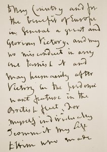 Side av et brev skrevet av Nelson like før slaget ved Trafalgar, mandag 21. oktober 1805 (sepia-bilde) av English School