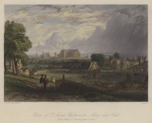 Palace of St James, Westminster Abbey and Hall, London (farget gravering) av English School