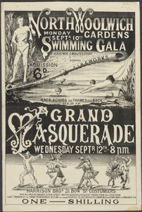 Brosjyre for "Swimming Gala and Grand Masquerade, North Woolwich Gardens" av English School