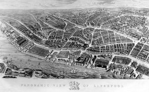 Panoramautsikt over Liverpool, etter en akvarell av Ackerman, 1847 av English School