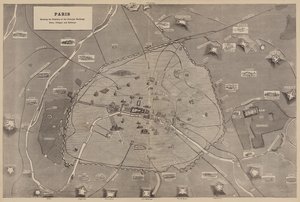 Paris, som viser posisjonene til de viktigste bygningene, fortene, landsbyene og jernbanene (gravering) av English School