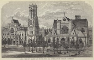 Paris, den nye Mairie og tårnet, ved siden av kirken St Germain l'Auxerrois (gravering) av English School