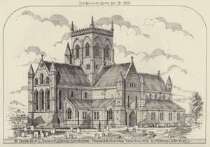 Parish Church of S James, Great Grimsby, Lincolnshire, foreslått restaurering, utsikt fra NE (gravering) av English School