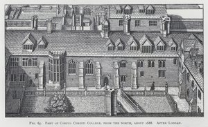 En del av Corpus Christi College, fra nord, ca 1688, etter Loggan (gravering) av English School