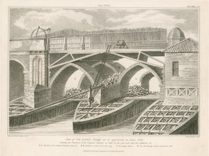 En del av Old London Bridge slik den så ut i juni 1826 av English School