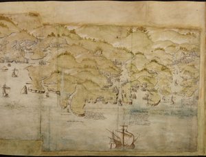 En del av et panoramakart over kysten fra Lands End til Exmouth, ca. 1539 (penn og blekk med vask på papir) av English School