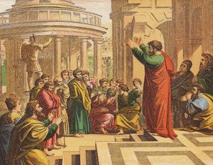 Paulus forkynner i Athen (fargelitografi) av English School