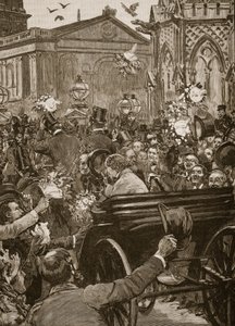 «Fred med ære», mottakelse av Lord Beaconsfield og Lord Salisbury ved Charing Cross, illustrasjon fra «Cassells Illustrated History of England» (gravering) (sepiafoto) av English School