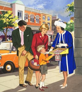 Folk du ser: Flaggselgeren (gouache på papir) av English School
