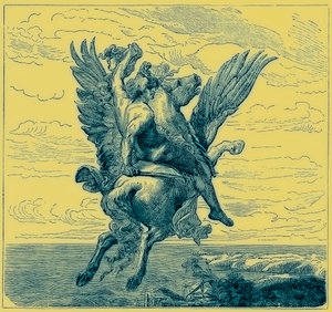 Perseus på den bevingede hesten Pegasus, med Medusas hode, illustrasjon fra 