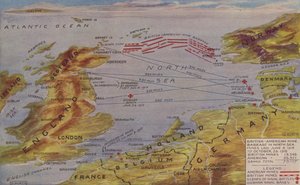 Perspektivkart som viser plasseringen av Nordsjøminesperringen, åstedet for de viktigste marineaksjonene og de tyske marinebasene (fargelitografi) av English School