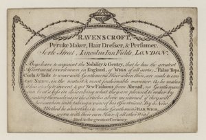 Peruke-maker, Ravenscroft, handelskort av English School