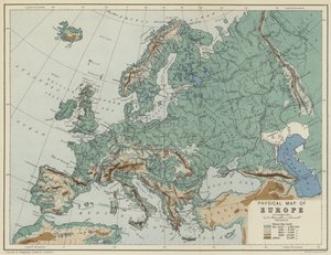 Fysisk kart over Europa (fargelitografi) av English School