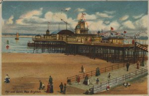 Pier and Sands, New Brighton, Merseyside (farge litho) av English School
