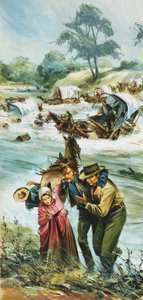 Pionerer krysser den utemmede Arkansas-elven tidlig på 1880-tallet (gouache på papir) av English School