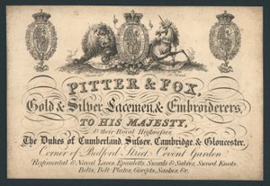 Pitter and Fox, Gold and Silver Laceman and Embroiderers, Bedford Street, Covent Garden, handelskort av English School