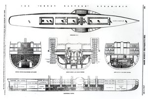 Plan og tverrsnitt av Great Eastern dampskipet, 1857 av English School