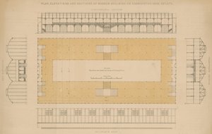 Plan, forhøyninger og deler av museumsbygningen på Kensington Gore Estate av English School