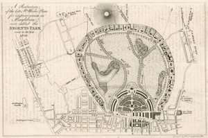 Plan for forbedringer i Marylebone, London, nå kalt Regents Park, laget i år 1809 av English School