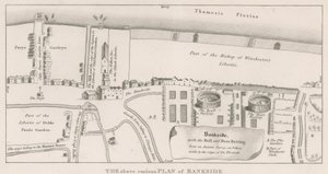 Plan av Bankside ved Themsen basert på en eldgammel undersøkelse gjort under dronning Elizabeths regjeringstid, som viser oksen og bjørnen som lokker. av English School