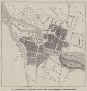 Plan over Bridgetown, Barbadoes, som viser delen ødelagt av den nylige brannen (gravering) av English School