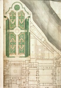 Plan over Hampton Court og dens hager, ca. 1714 (penn og blekk og wc på papir) av English School