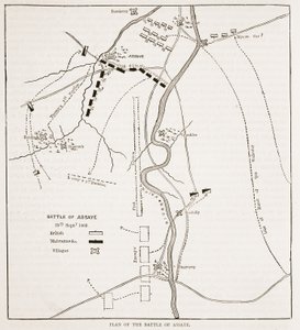 Plan for slaget ved Assaye, illustrasjon fra Cassells Illustrated History of India av James Grant, pub. 1879 av English School