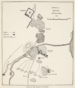 Plan for slaget ved Bithoor, 16. august 1857, fra Cassells Illustrated History of England av English School