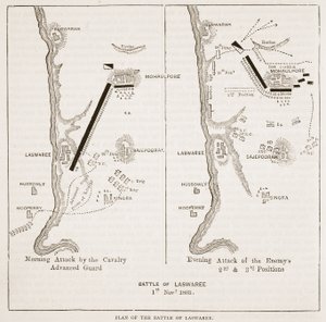Plan of the Battle of Laswaree, illustrasjon fra Cassells Illustrated History of India av James Grant, pub. 1879 av English School