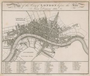 Plan for City of London før brannen i 1666 av English School
