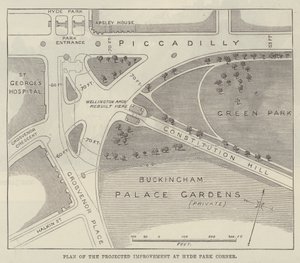 Plan for den anslåtte forbedringen ved Hyde Park Corner (gravering) av English School