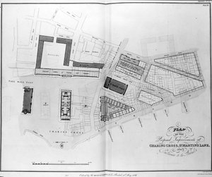 Plan for de foreslåtte forbedringene ved Charing Cross, St. Martins Lane og Entrance to the Strand, gravert av James Basire, 1826 av English School