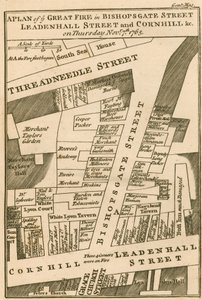 Plan for brannen i Bishopsgate Street, Cornhill og Leadenhall Street, London, som begynte 7. november 1765 av English School