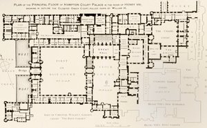 Plan over hovedetasjen til Hampton Court Palace slik det var under kong Henry VIIIs regjeringstid, fra History of Hampton Court Palace i Tudor Times av Ernest Law, publisert London 1885 av English School