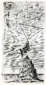 Fly, illustrasjon fra fronten av The man in the moone eller en diskurs om en reise dit av Domingo Gonsales, the speedy Messenger av Francis Godwin (1562-1633), publisert posthumt i av English School