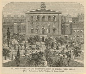 Plantet gårdsplass og Governors House ved Tothill Fields Prison av English School