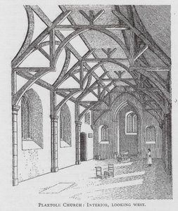 Plaxtole kirke, interiør, sett vestover (lito) av English School