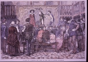 Skuespill fremført i London Inn Yard (farget gravering) av English School