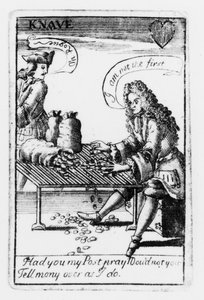 Spillekort til minne om den spanske arvefølgekrigen, hjertedrakt, ca. 1707 (gravering) (s/hvitt foto) (detalj av 115651) av English School