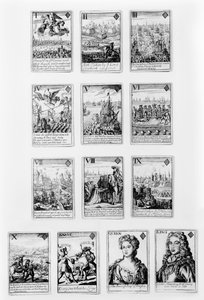 Spillekort med karakterer og scener fra tidlig 1700-tall av English School